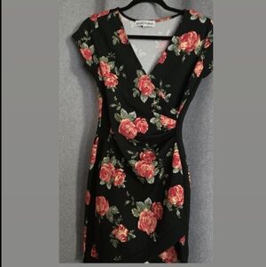 Almost Famous Black Midi Dress with Red Rose Print